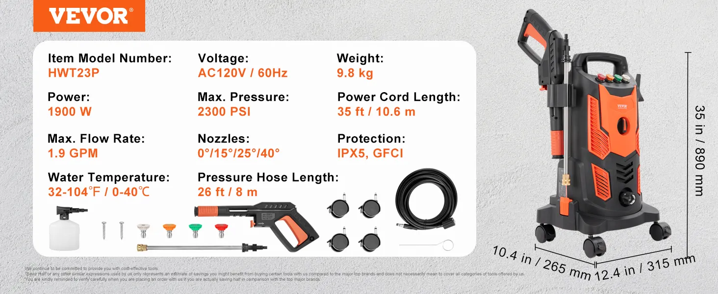 Hidrolavadora eléctrica VEVOR, modelo hwt23p, 1900w, 2300 psi, 1,9 gpm, ipx5, GFCI.