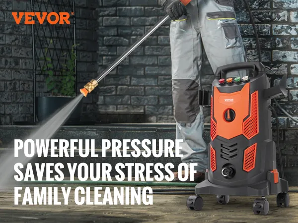 Pasos de limpieza con hidrolavadora eléctrica VEVOR con potencia máxima de 2300 psi, 1,9 gpm y 1900 W.