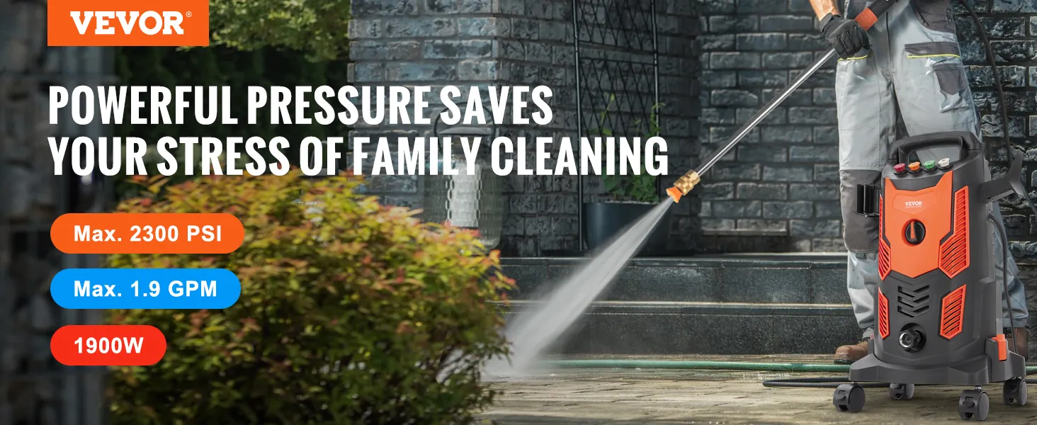 Pasos de limpieza con hidrolavadora eléctrica VEVOR con potencia máxima de 2300 psi, 1,9 gpm y 1900 W.