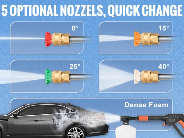 La hidrolavadora eléctrica VEVOR cuenta con 5 boquillas: 0°, 15°, 25°, 40° para una limpieza versátil. Opción de espuma densa.