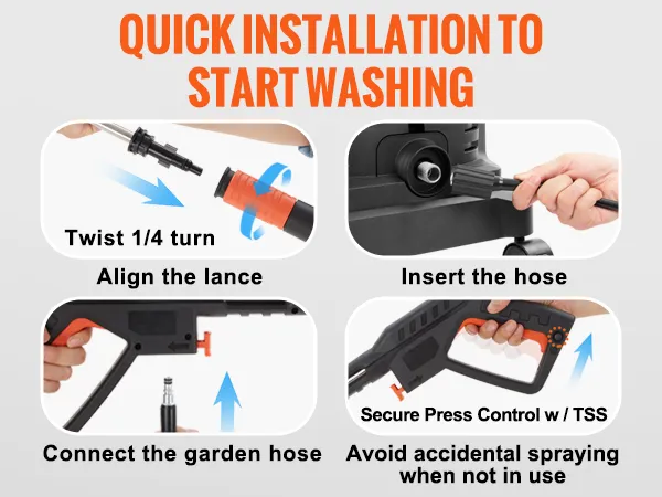 Los pasos de montaje de la hidrolavadora eléctrica VEVOR incluyen girar, alinear, insertar la manguera y asegurar el control de la presión.