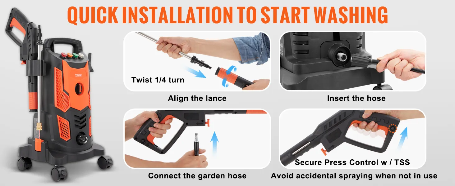 Los pasos de montaje de la hidrolavadora eléctrica VEVOR incluyen girar, alinear, insertar la manguera y asegurar el control de la presión.