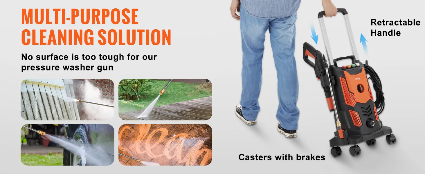Hidrolavadora eléctrica VEVOR con mango retráctil, ruedas y capacidad de limpieza multiusos.