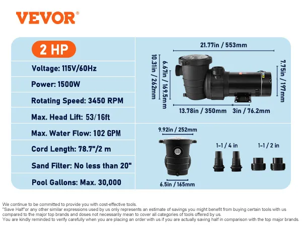 Especificaciones de la bomba de piscina VEVOR: 115 V/60 Hz, 1500 W, 3450 rpm, elevación máxima de 53 pies, 102 gpm, 2 hp.