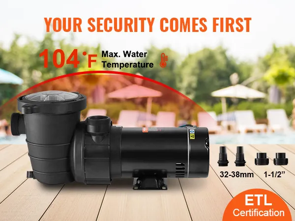 Bomba de piscina VEVOR con certificación etl, temperatura máxima del agua 104°f, accesorios mostrados.