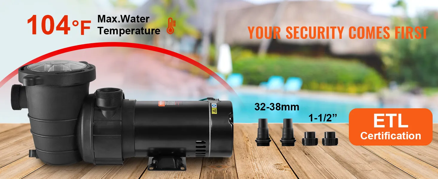 Bomba de piscina VEVOR con certificación etl, temperatura máxima del agua 104°f, accesorios mostrados.