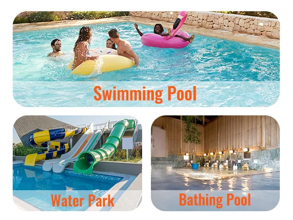 Bomba de piscina VEVOR con imágenes que muestran piscinas, parques acuáticos y piscinas.