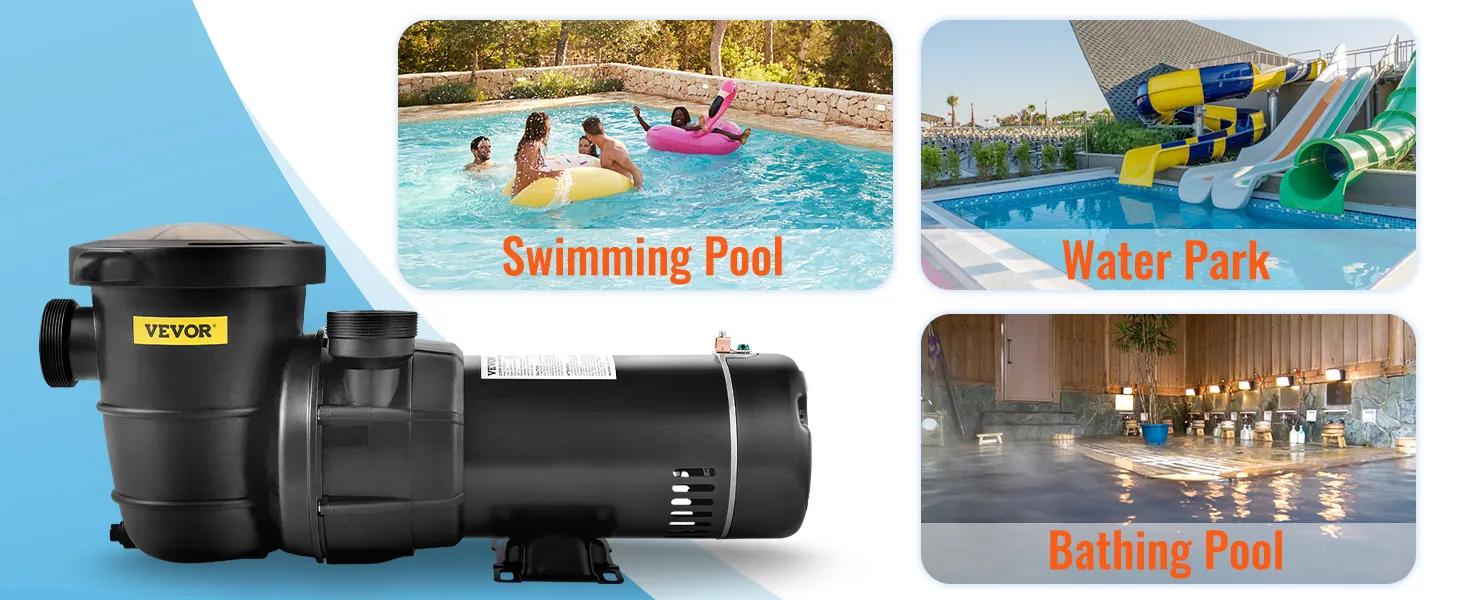 Bomba de piscina VEVOR con imágenes que muestran piscinas, parques acuáticos y piscinas.