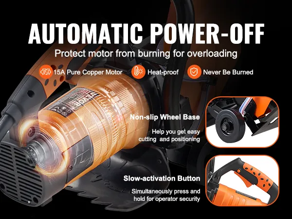 VEVOR concrete saw with non-slip wheel base, automatic power-off, and 15a pure copper motor.