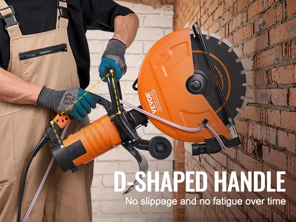 worker using VEVOR concrete saw with d-shaped handle for enhanced grip against a brick wall.