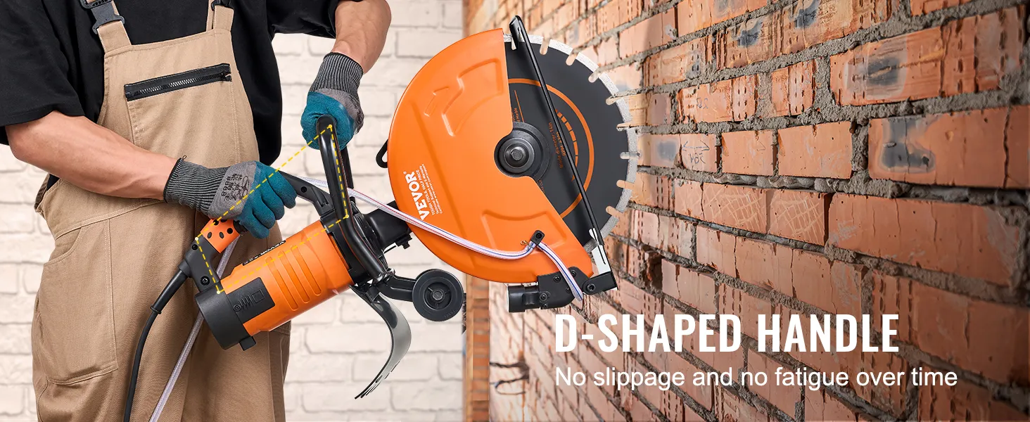 worker using VEVOR concrete saw with d-shaped handle for enhanced grip against a brick wall.