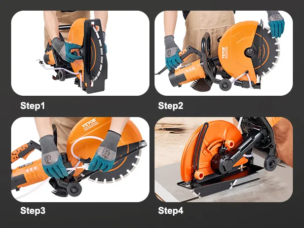 VEVOR concrete saw setup guide with 5 steps, showcasing orange saw, gloves, tools, and cutting procedure.