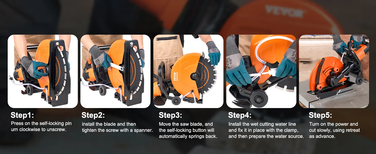 VEVOR concrete saw setup guide with 5 steps, showcasing orange saw, gloves, tools, and cutting procedure.