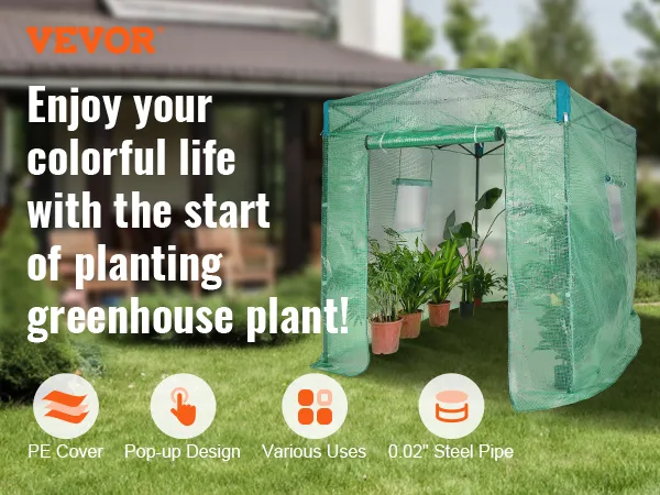 VEVOR pop up greenhouse with pe cover, showcasing plants, icons, and text promoting gardening benefits.