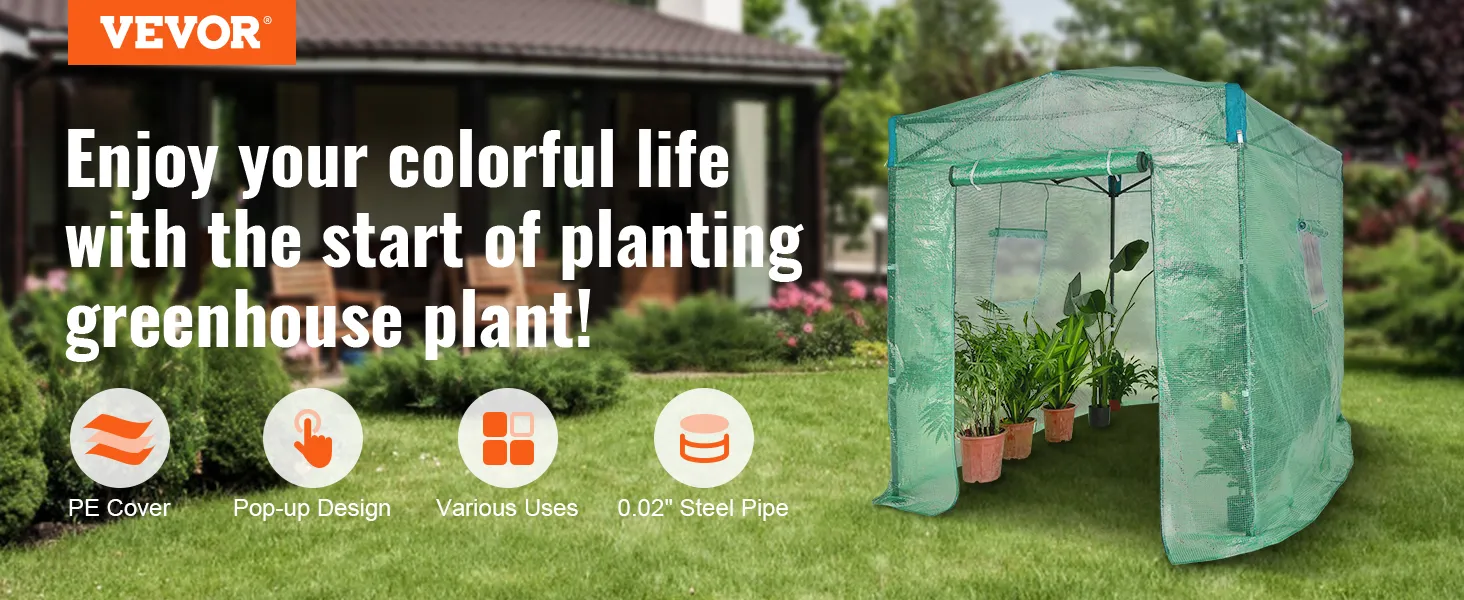 VEVOR pop up greenhouse with pe cover, showcasing plants, icons, and text promoting gardening benefits.
