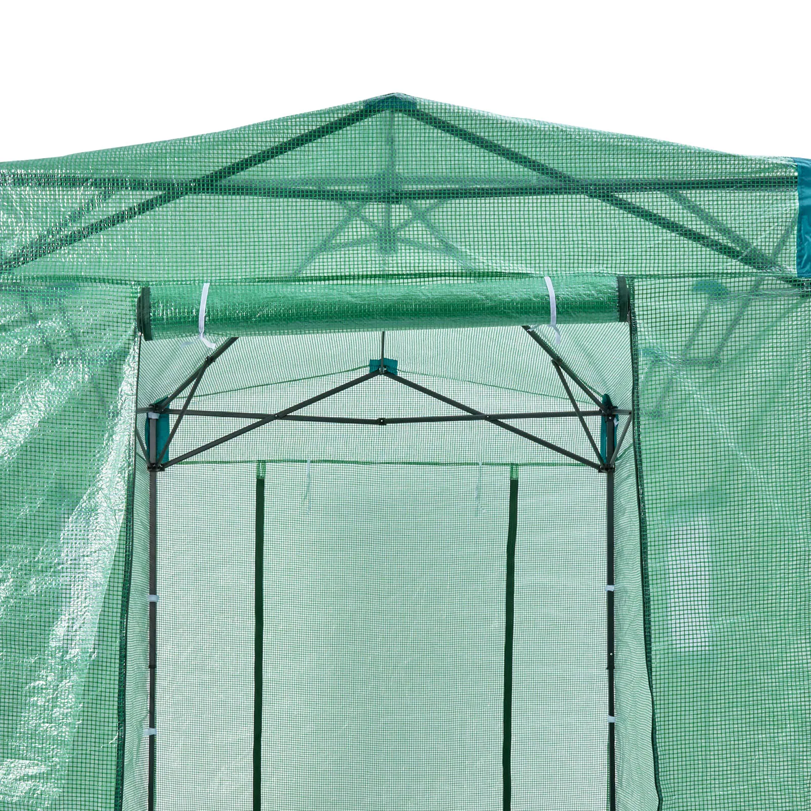 green mesh VEVOR pop up greenhouse with metal frame and roll-up door, offering easy plant access.
