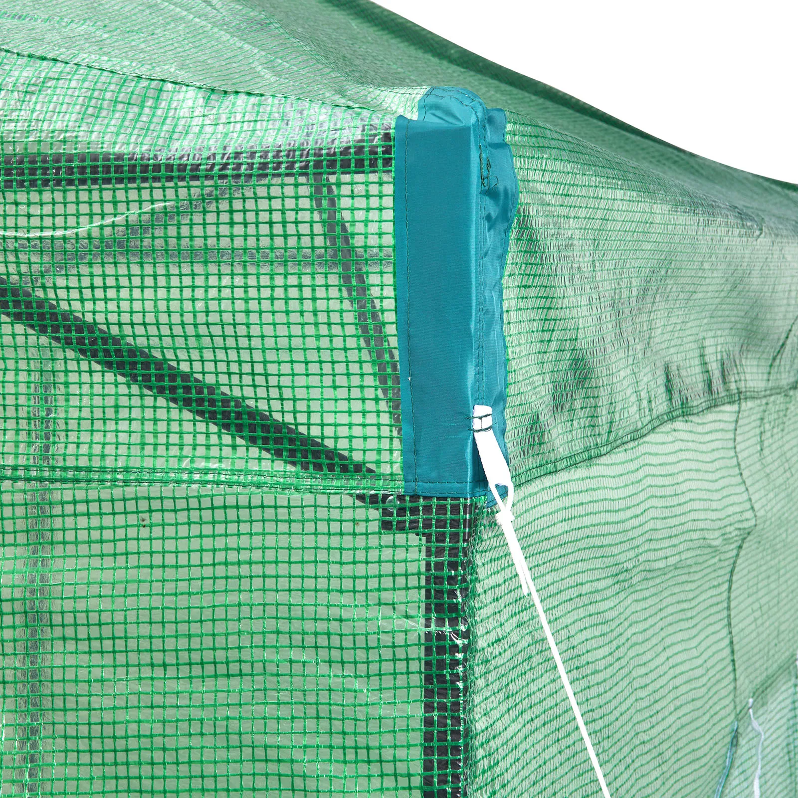VEVOR pop up greenhouse with green mesh cover and sturdy frame corner, featuring a white zipper tie.