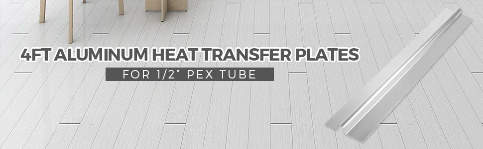 VEVOR pex heat transfer plates for 1/2 inch tubing on light wood floor background.