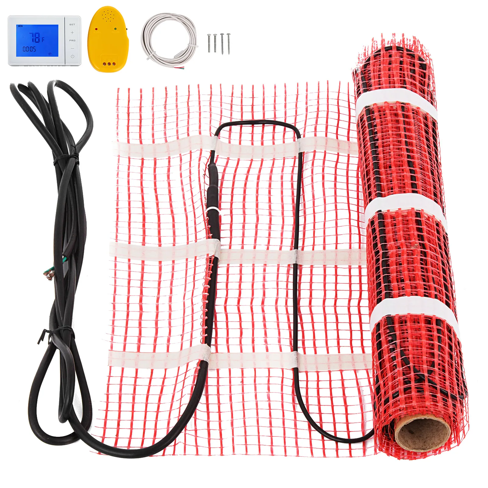 VEVOR electric radiant floor heating mat, thermostat, wires, and mounting hardware