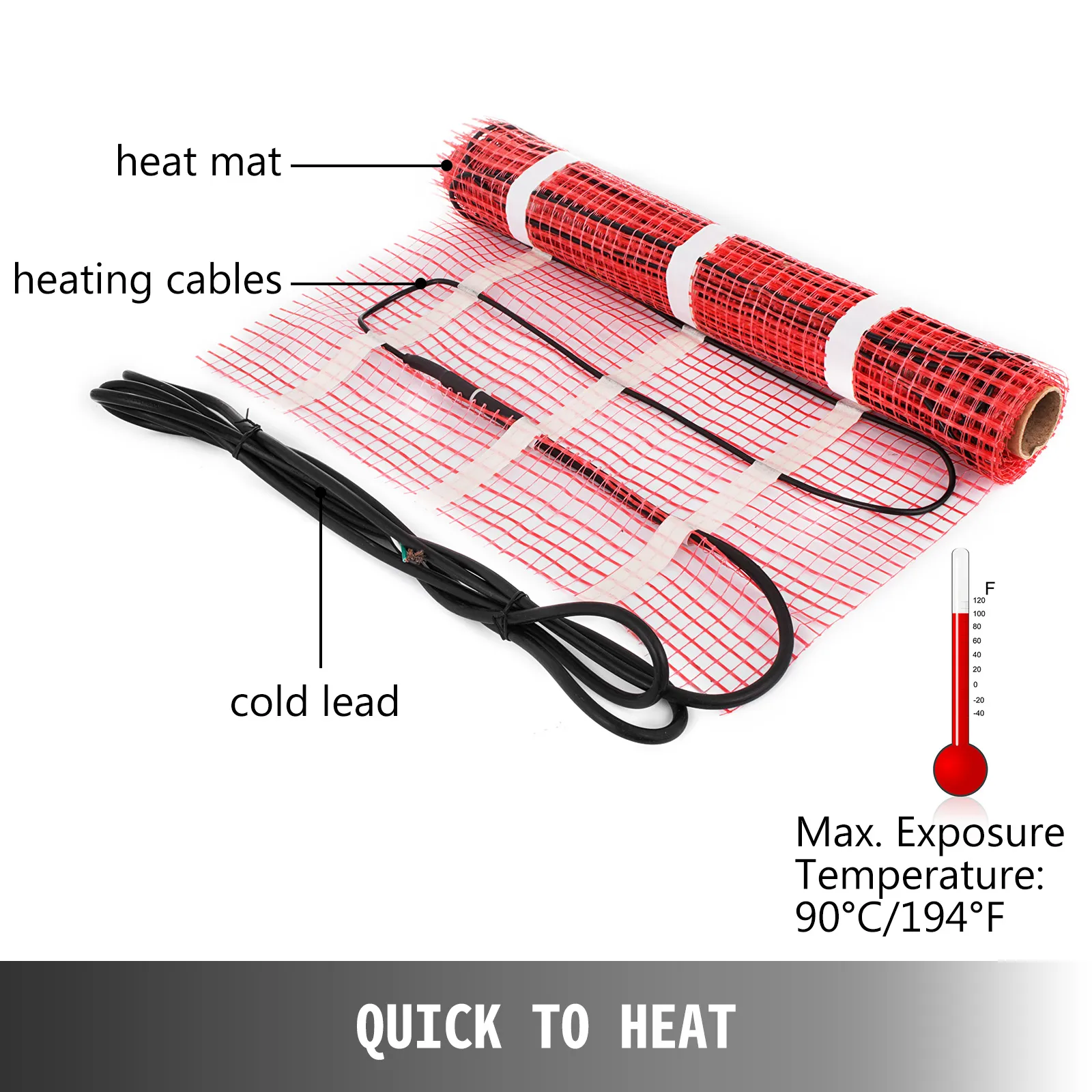 VEVOR electric radiant floor heating mat with cables and cold lead, max temp 90°c.