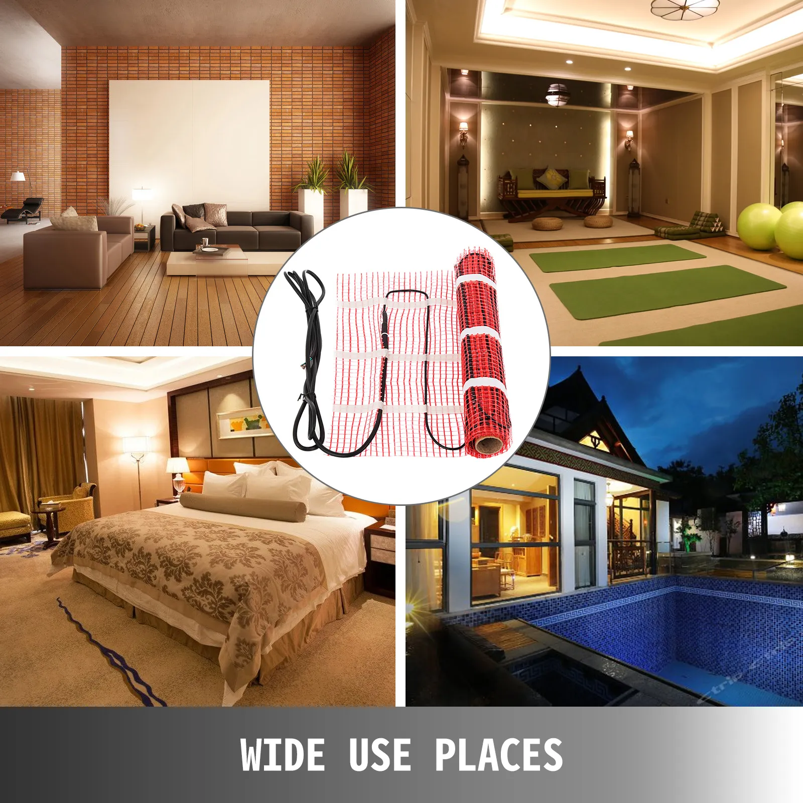 VEVOR electric radiant floor heating mat for living rooms, spas, bedrooms, and patios.