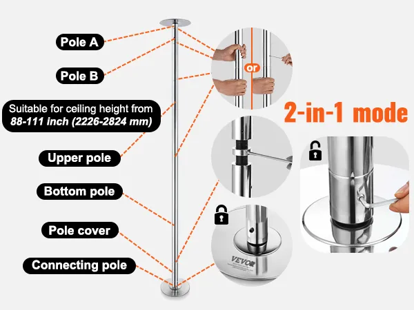 VEVOR professional dancing pole with adjustable height, rotating/static modes, and easy installation