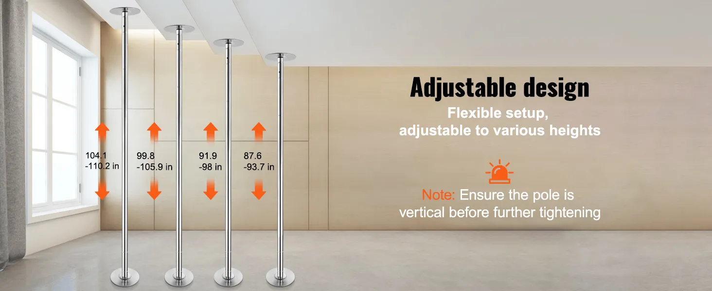 VEVOR professional dancing pole, adjustable design from 87.6 to 110.2 inches for flexible setup.