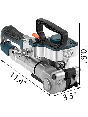 VEVOR pneumatic strapping tool dimensions: 11.4" x 3.5" x 10.8", robust ergonomic design