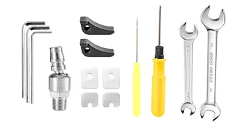 VEVOR pneumatic strapping tool with wrenches, screwdrivers, and accessories.