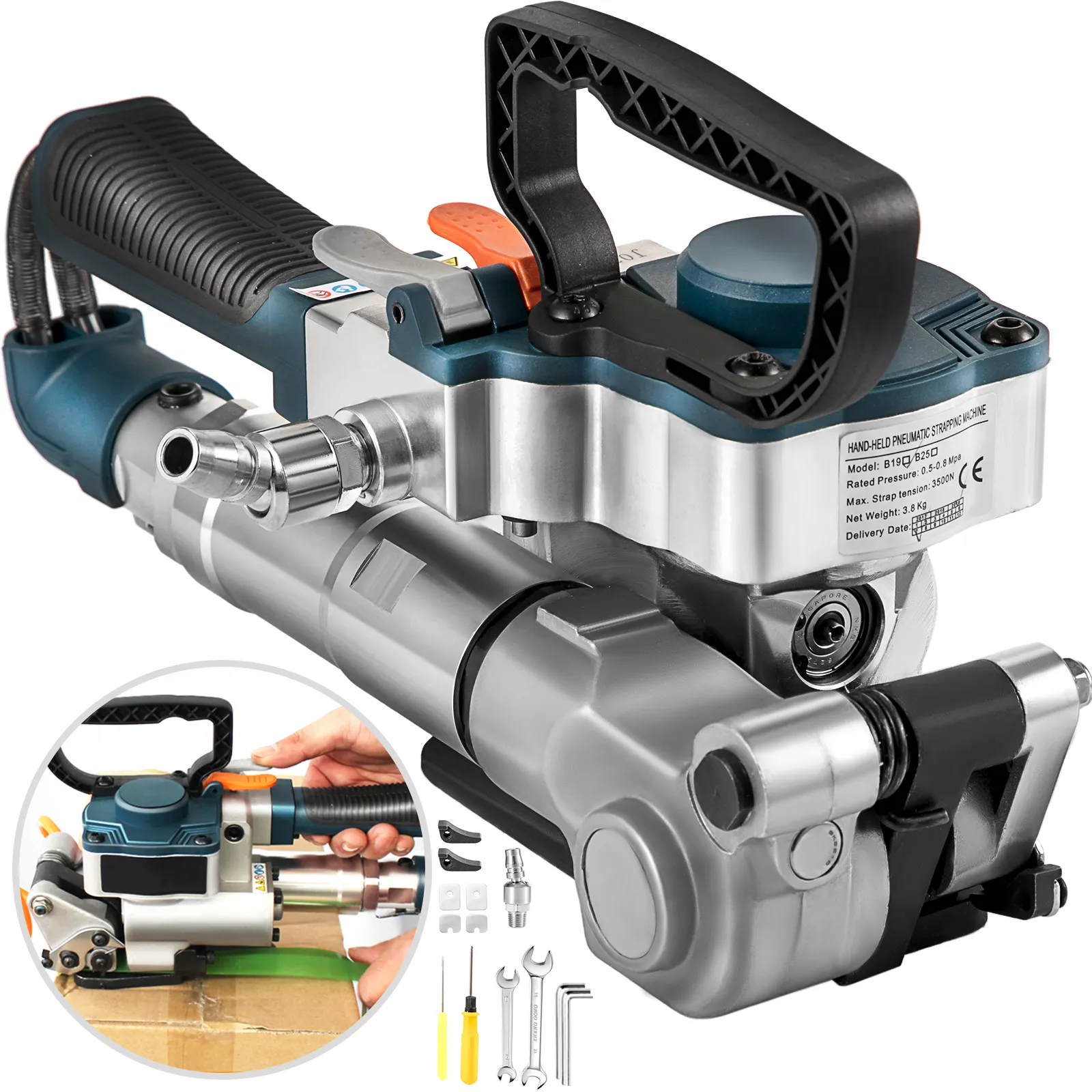 VEVOR pneumatic strapping tool with accessories and close-up of usage on a package.