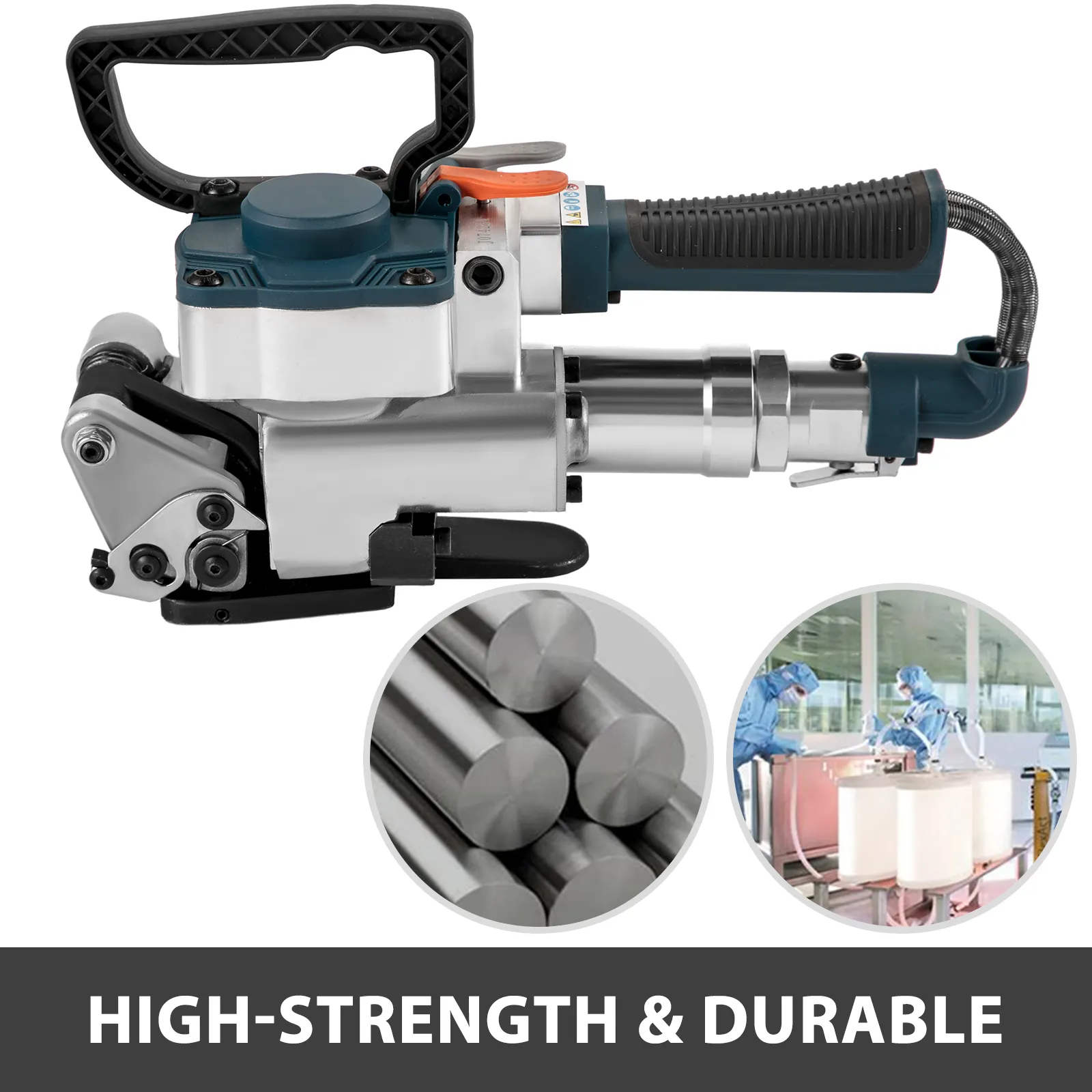 VEVOR pneumatic strapping tool with ergonomic handle, shown with metal rods and factory background.