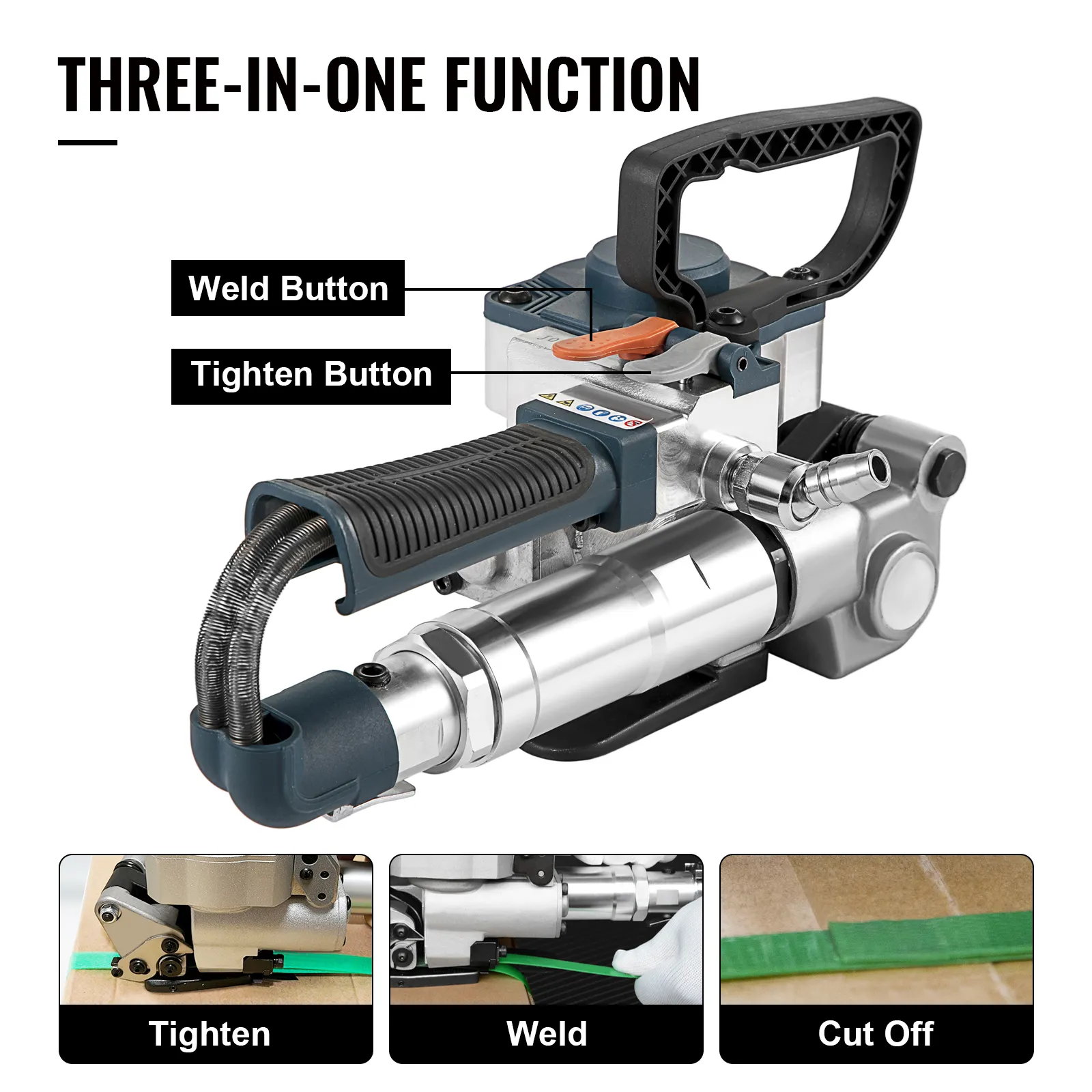 VEVOR pneumatic strapping tool with three-in-one function: tighten, weld, cut off.