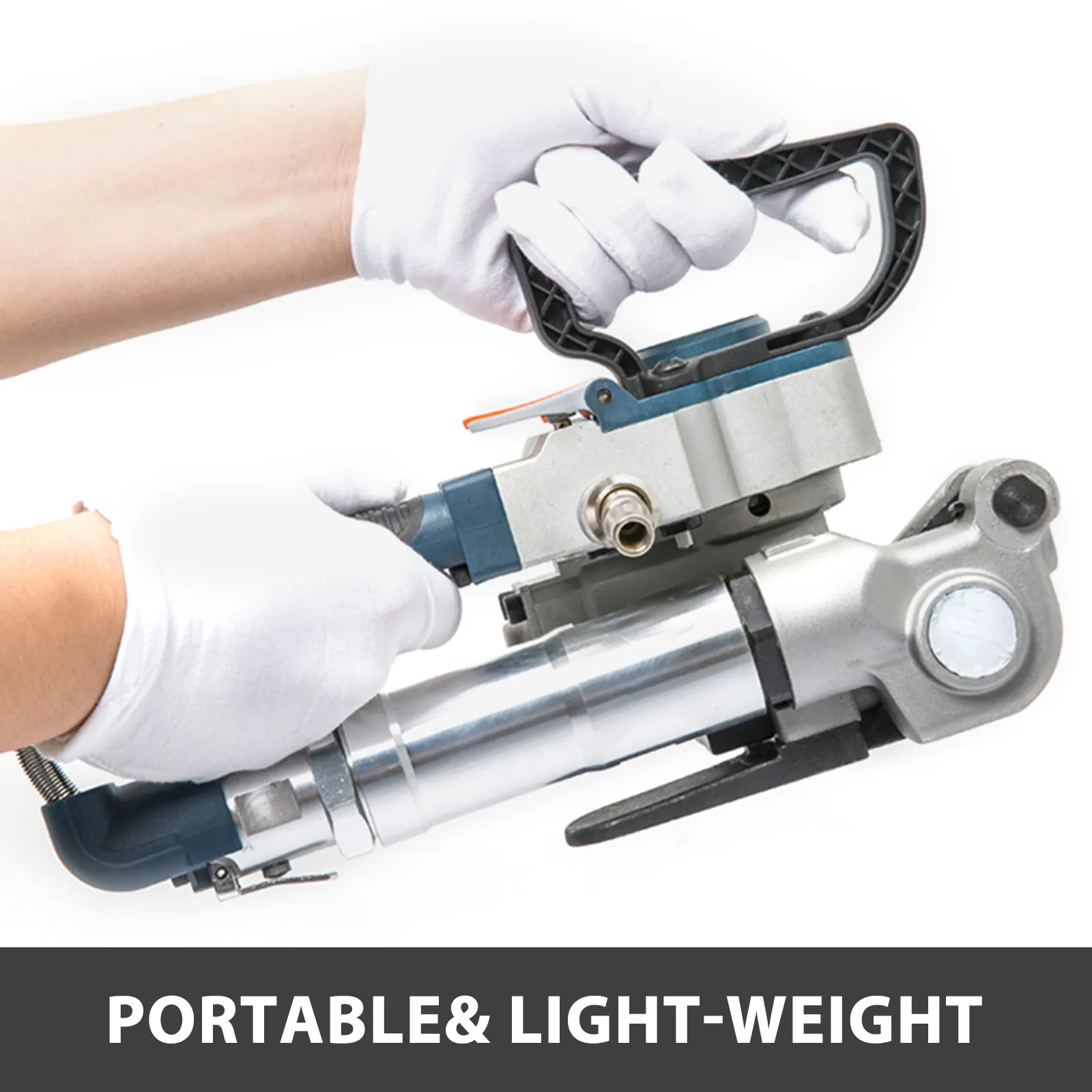 hands holding the VEVOR pneumatic strapping tool, showcasing its portability.