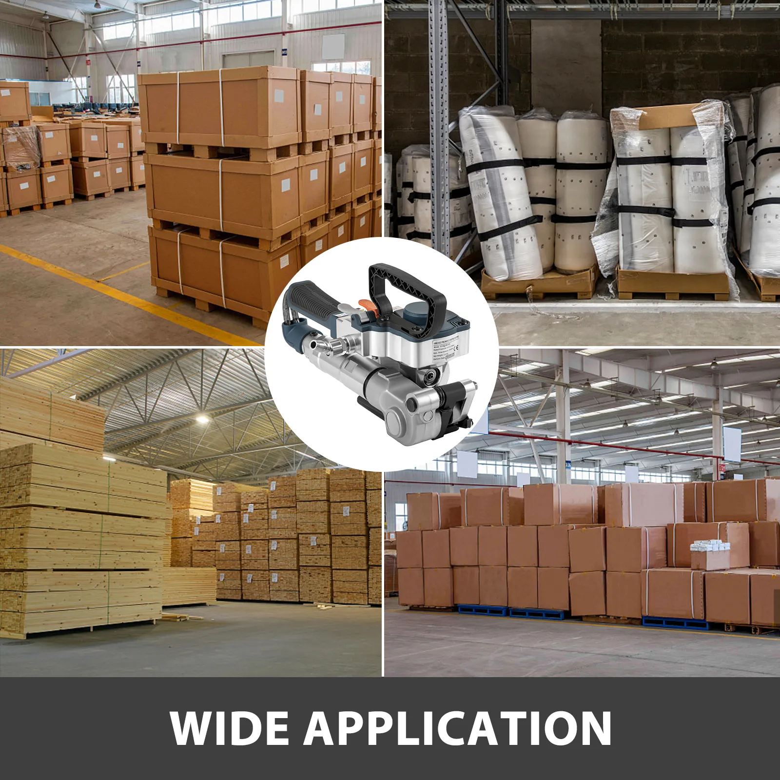 warehouse with boxes and pallets showcasing the VEVOR pneumatic strapping tool.