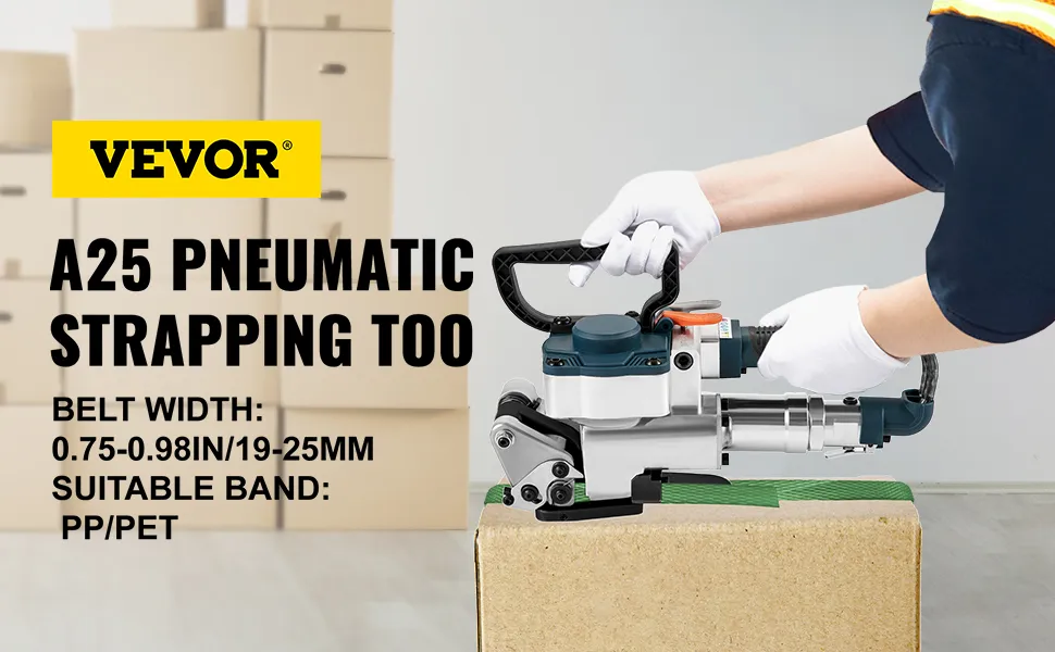 VEVOR pneumatic strapping tool in use, securing a cardboard box, with packaging in the background.