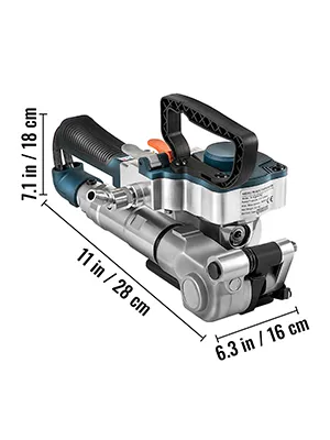 Herramienta flejadora neumática VEVOR, dimensiones 11x6,3x7,1 pulgadas, mango negro, cuerpo plateado.