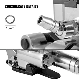 Herramienta flejadora neumática VEVOR con accesorio de 10 mm, que muestra un diseño detallado.