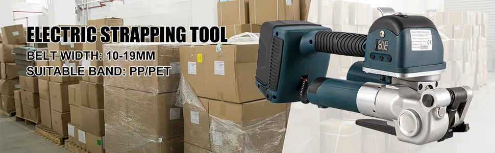 VEVOR electric strapping tool in warehouse with packed boxes, belt width: 10-19mm.