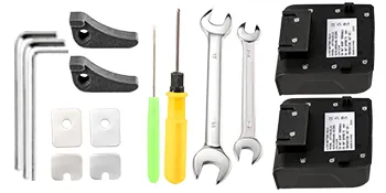 VEVOR electric strapping tool parts kit with wrenches, batteries, and hex keys.