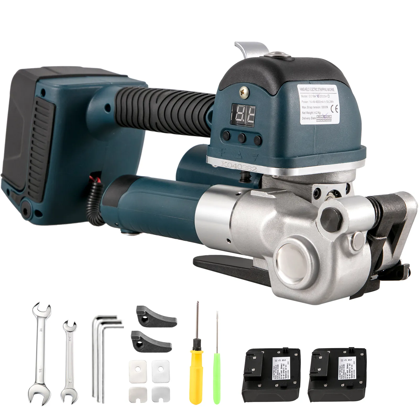 VEVOR electric strapping tool with accessories including wrenches and batteries.