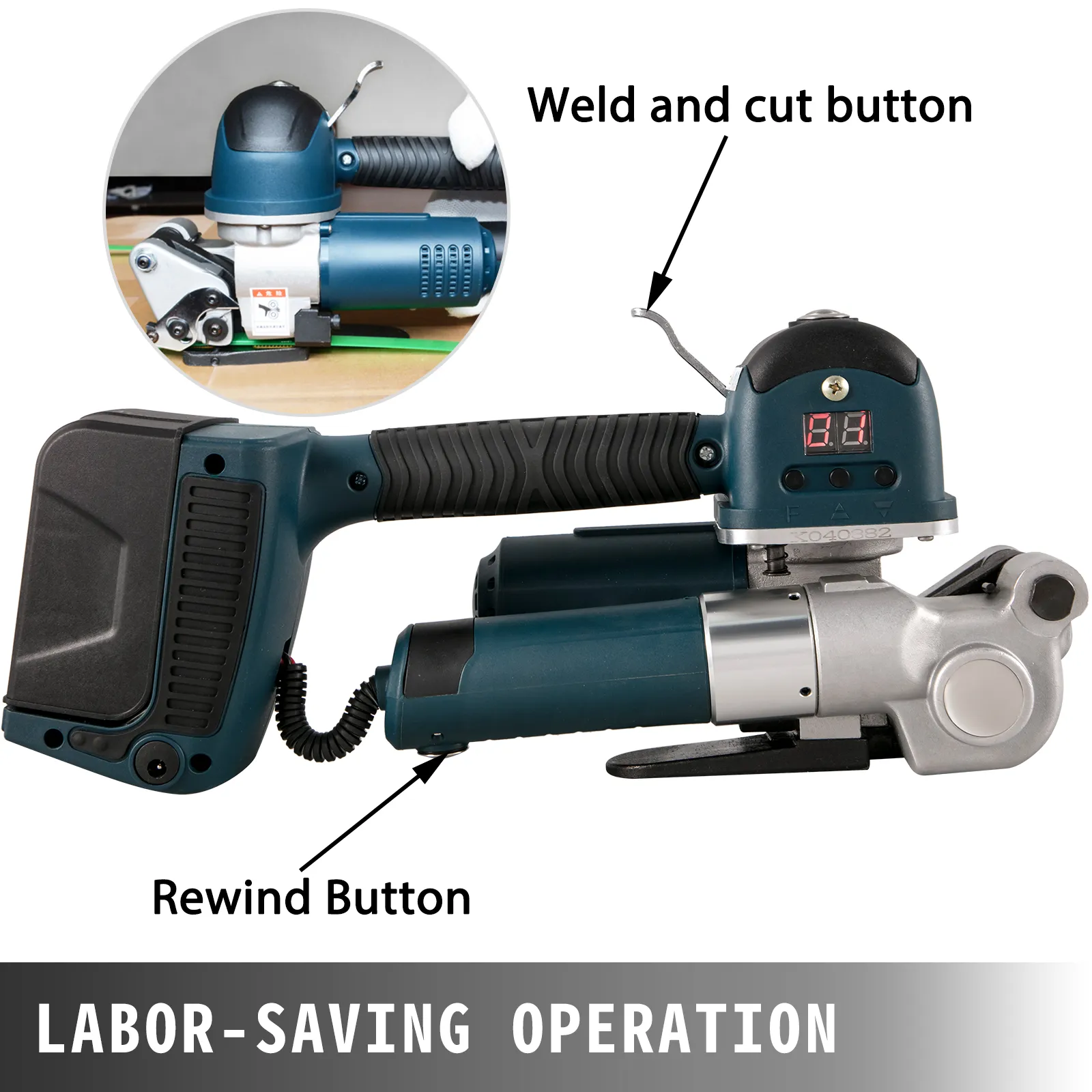 VEVOR electric strapping tool with weld, cut, and rewind buttons in labor-saving operation.