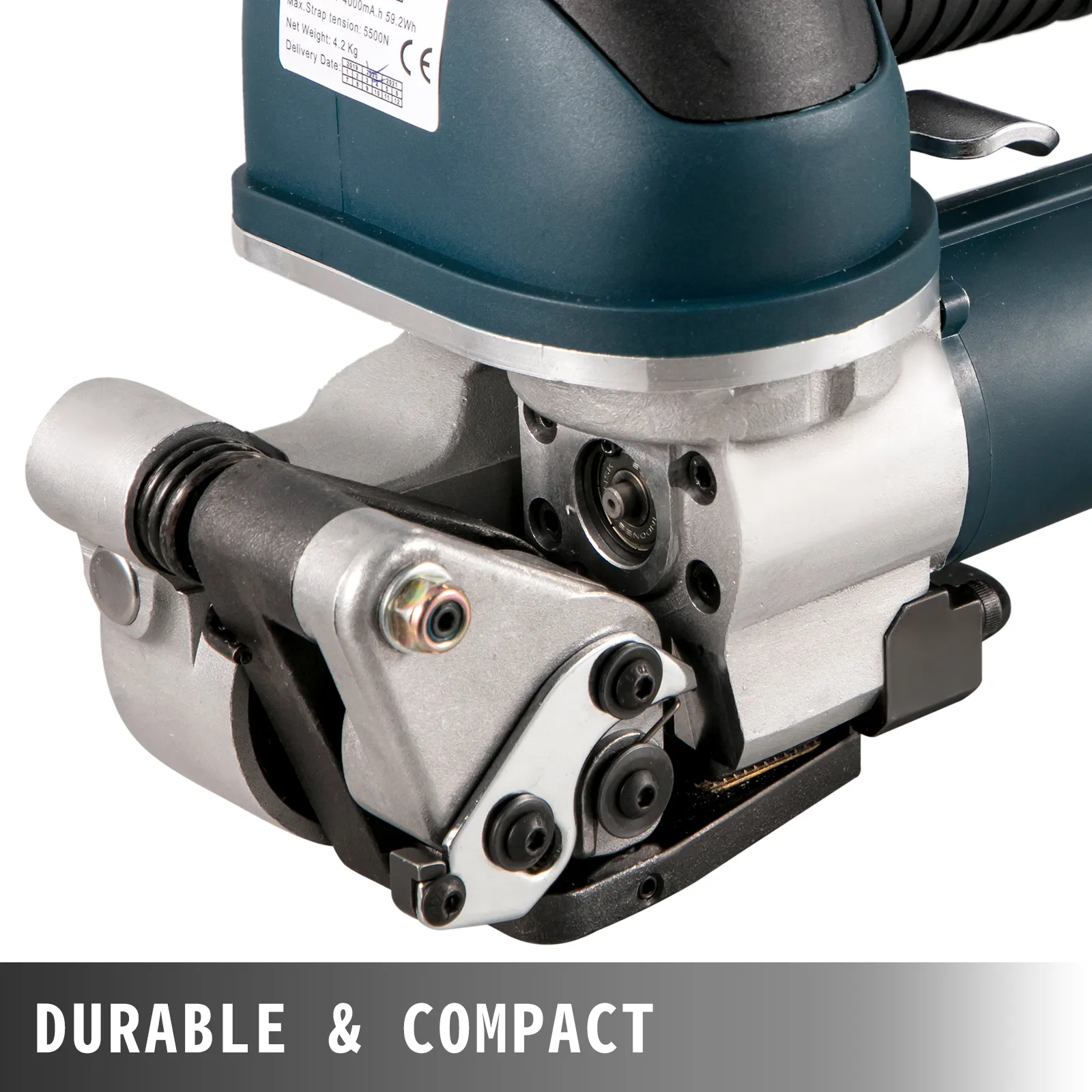 VEVOR electric strapping tool, durable and compact design in teal and silver finish.