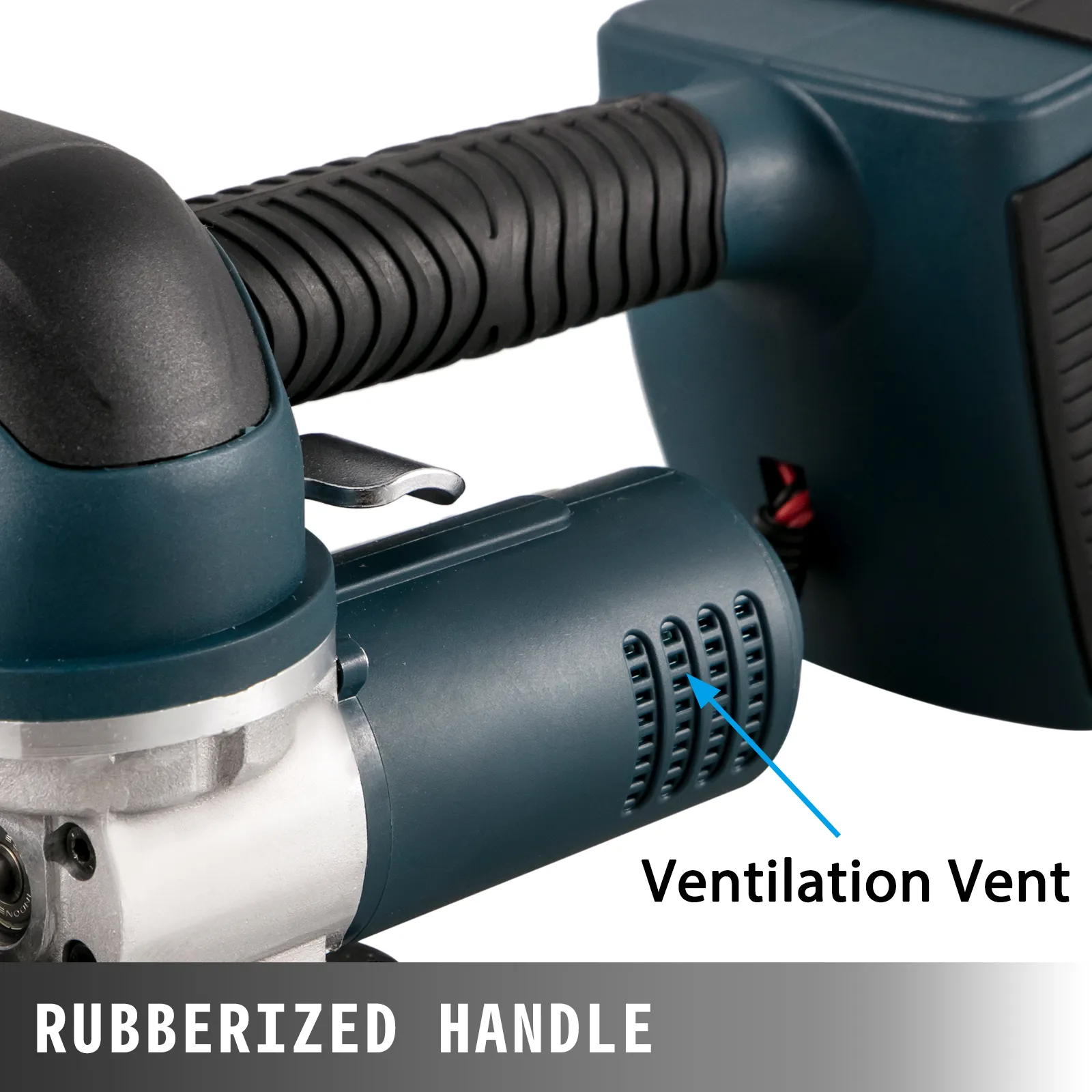 VEVOR electric strapping tool with rubberized handle and ventilation vent.