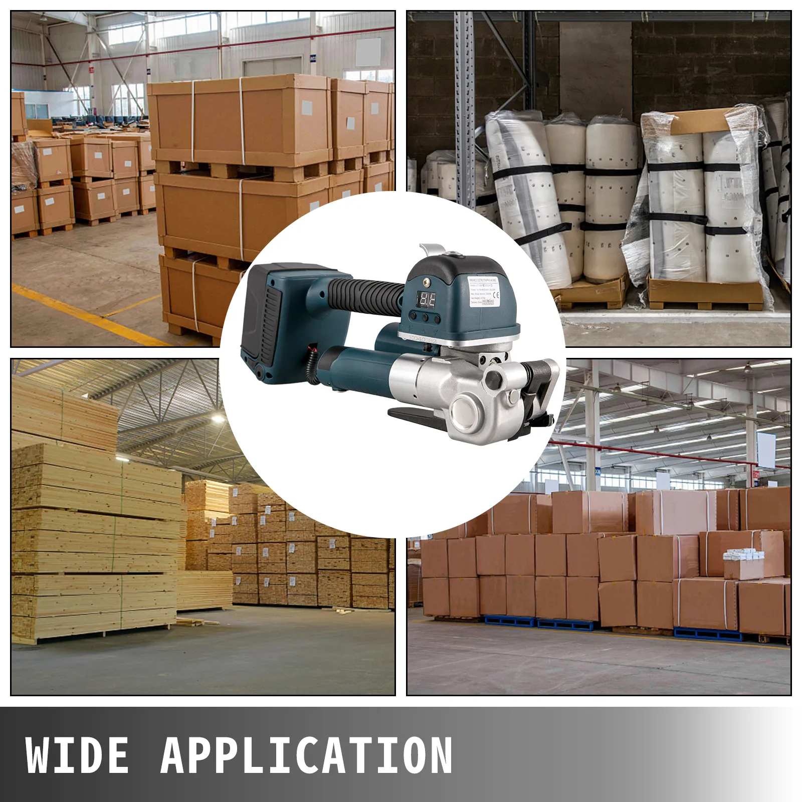 VEVOR electric strapping tool in warehouse with various pallets and packaging materials.