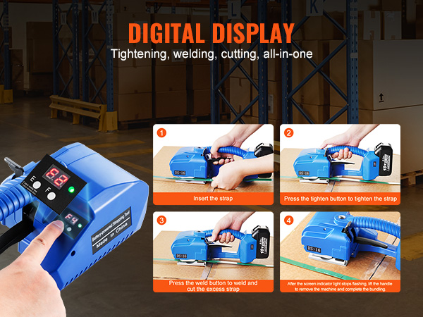VEVOR Akku-Umreifungsgerät – Digitalanzeige, Für 9–16 Mm PP/PET-Bänder, Mit 2 X 4000 MAh Akkus
