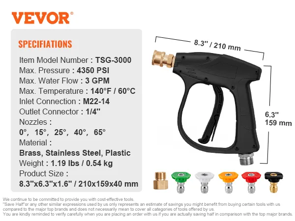 VEVOR pressure washer gun with 4350 psi max pressure, brass and stainless steel nozzles, 3 gpm flow.