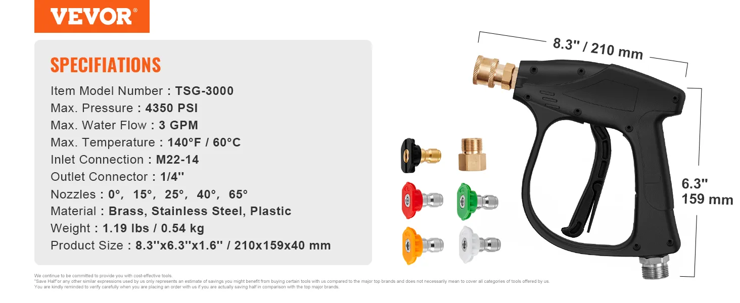 VEVOR pressure washer gun with 4350 psi max pressure, brass and stainless steel nozzles, 3 gpm flow.