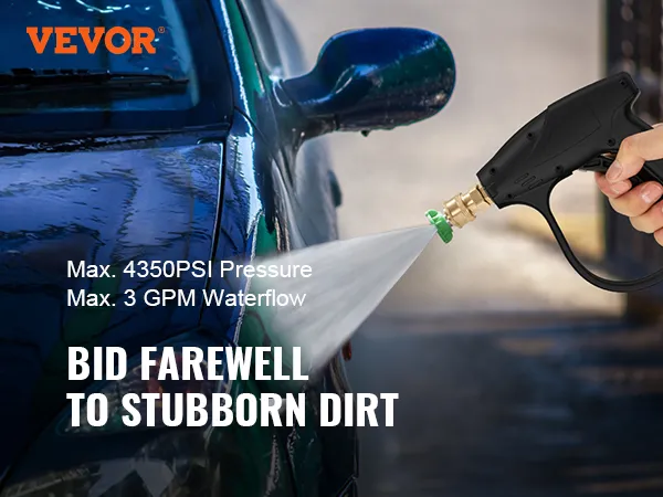 hand using VEVOR pressure washer gun, spraying water on a car with text showcasing 4350psi pressure.