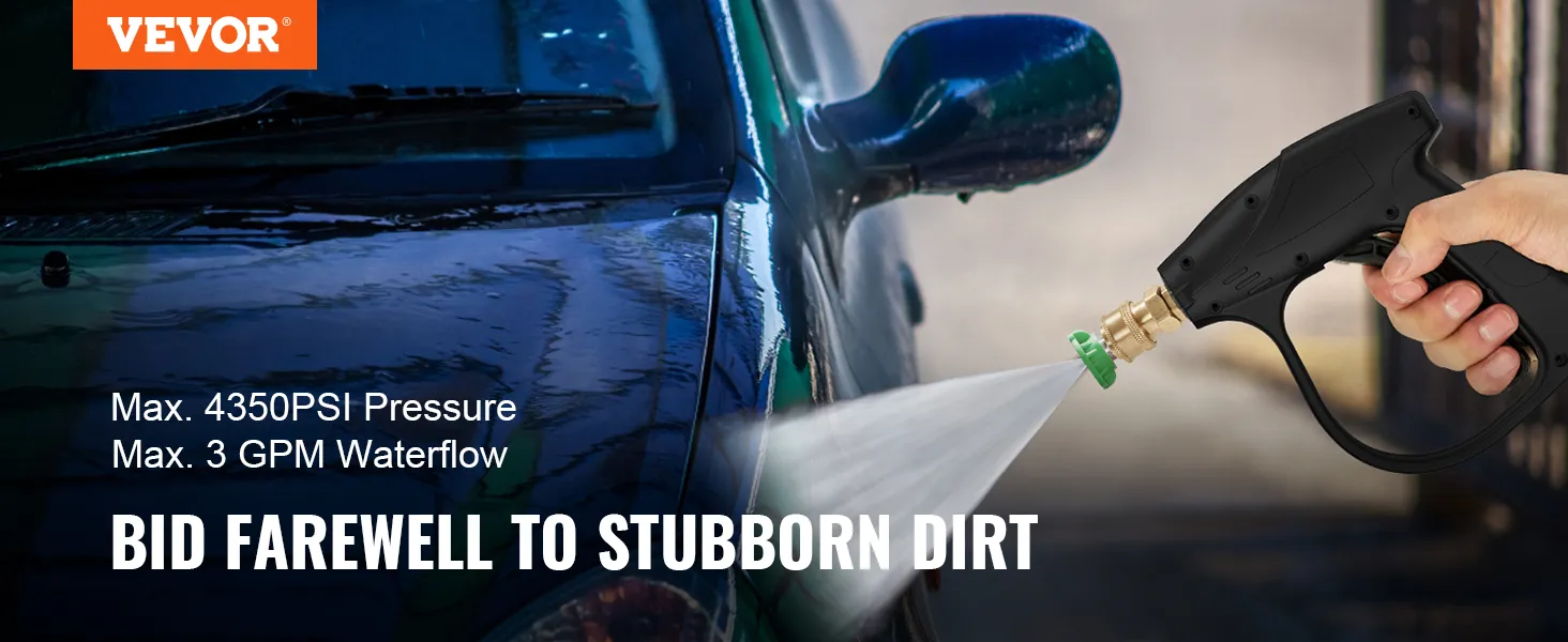 hand using VEVOR pressure washer gun, spraying water on a car with text showcasing 4350psi pressure.