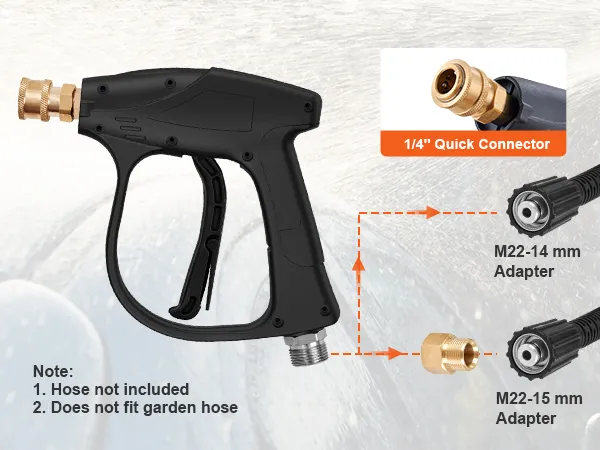 VEVOR pressure washer gun with 1/4” quick connector, m22-14 mm, and m22-15 mm adapters.